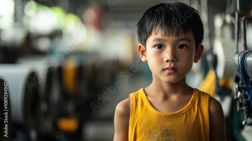 Young Asian boy in a yellow tank top stands solemnly in a textile factory, capturing the stark reality of child labor amidst blurred industrial surroundings. photo