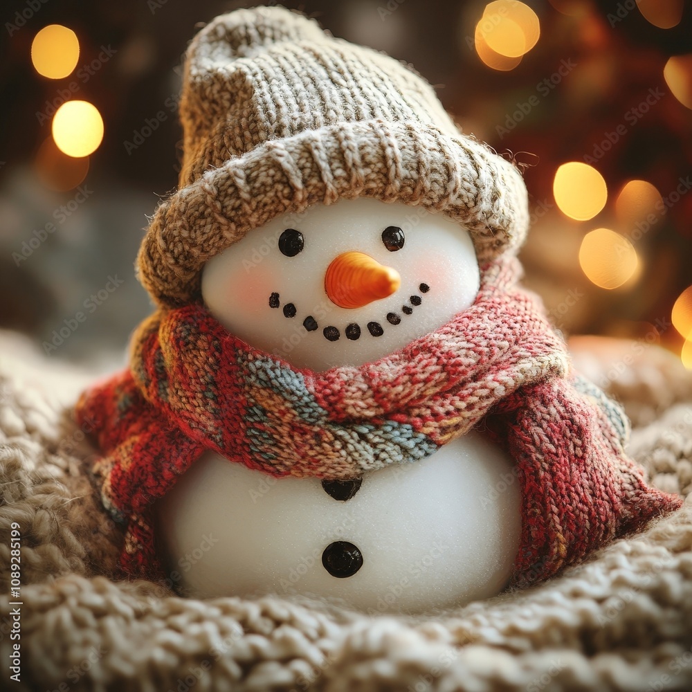 Charming Snowman Wearing a Cozy Hat and Scarf Surrounded by Holiday Lights Charming Snowman Wearing a Cozy Hat and Scarf Surrounded by Holiday Lights