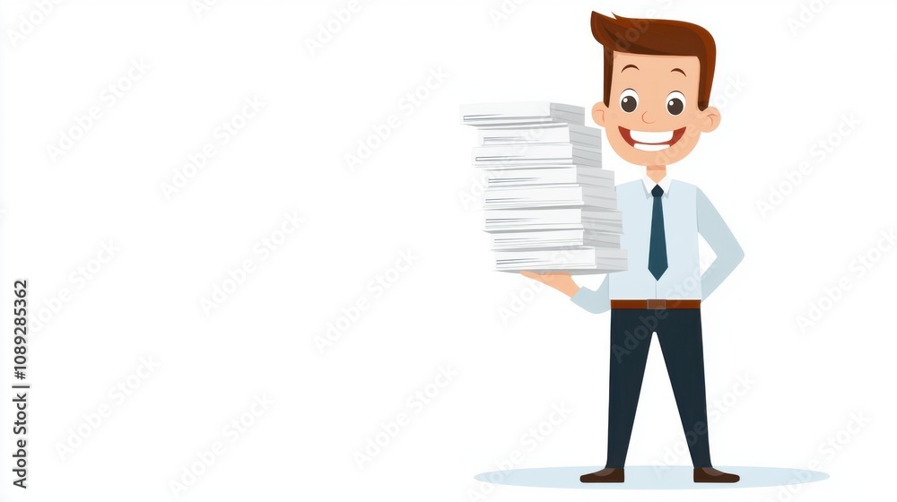 accountants cartoon. A cheerful businessman holds a stack of papers, symbolizing productivity and office work in a professional setting. accountants cartoon. A cheerful businessman holds a stack of papers, symbolizing productivity and office work in a professional setting.