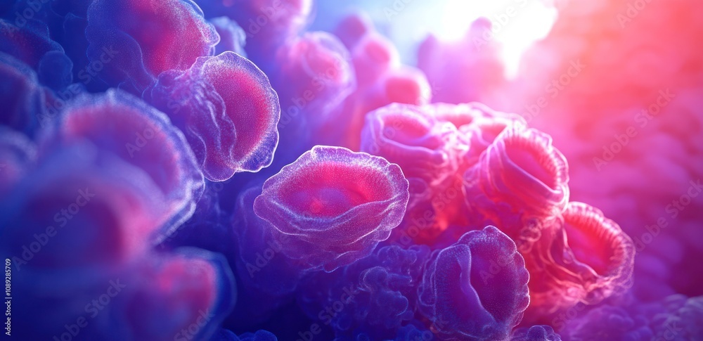 Close-up view of vibrant, microscopic cellular structures in a colorful environment. Close-up view of vibrant, microscopic cellular structures in a colorful environment.