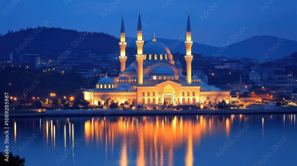 Obraz premium Illuminated mosque by water at night.