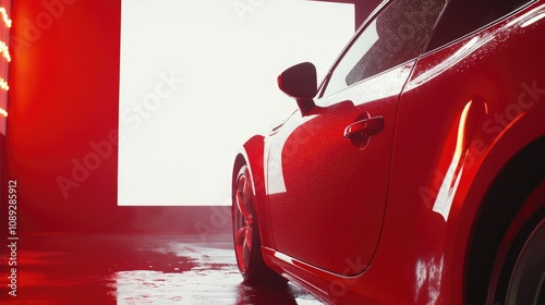 Red car at self-service wash with detailing brush leaving streaks on side door, illuminated by bright light with space for text on left side. photo