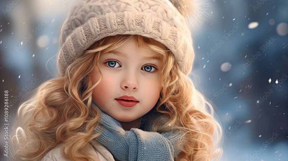 Portrait of a very beautiful little girl with blond curly hair, big blue eyes and pink cheeks in a cute hat on a winter background Portrait of a very beautiful little girl with blond curly hair, big blue eyes and pink cheeks in a cute hat on a winter background