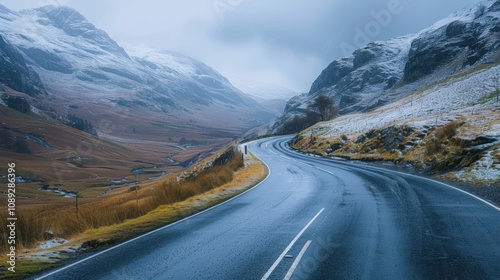 Winding road through snowy mountain valley.