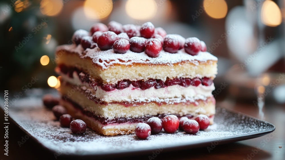 custom made wallpaper toronto digitalLayered Christmas cake featuring rich layers, filled with cranberry and cream, topped with fresh cranberries and a light dusting of powdered sugar.