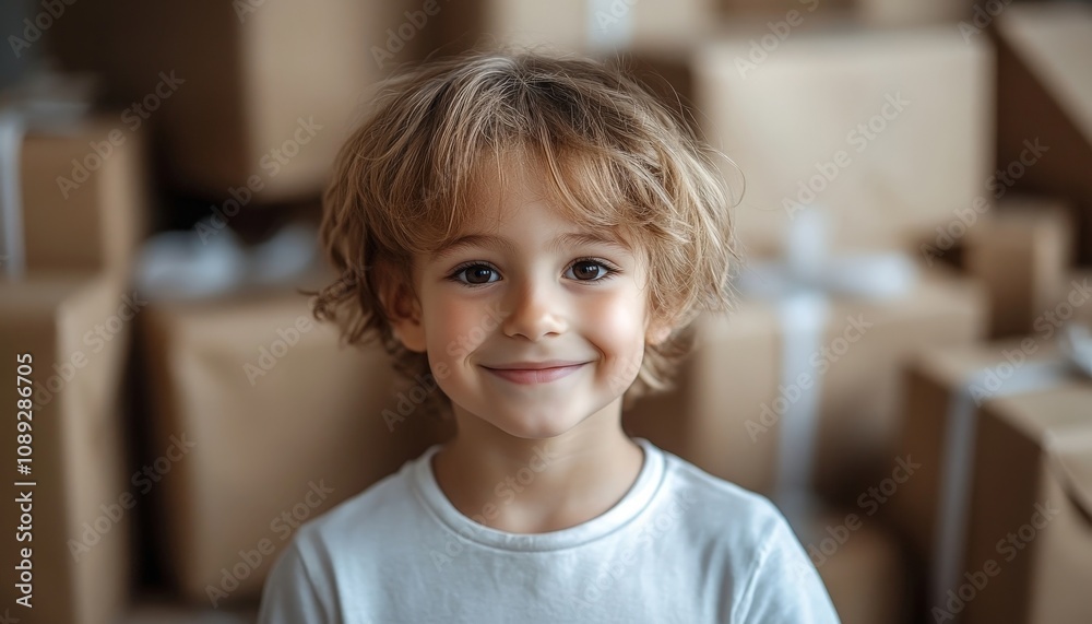 Cheerful boy with curly hair smiling in a room filled with unpacked boxes Cheerful boy with curly hair smiling in a room filled with unpacked boxes