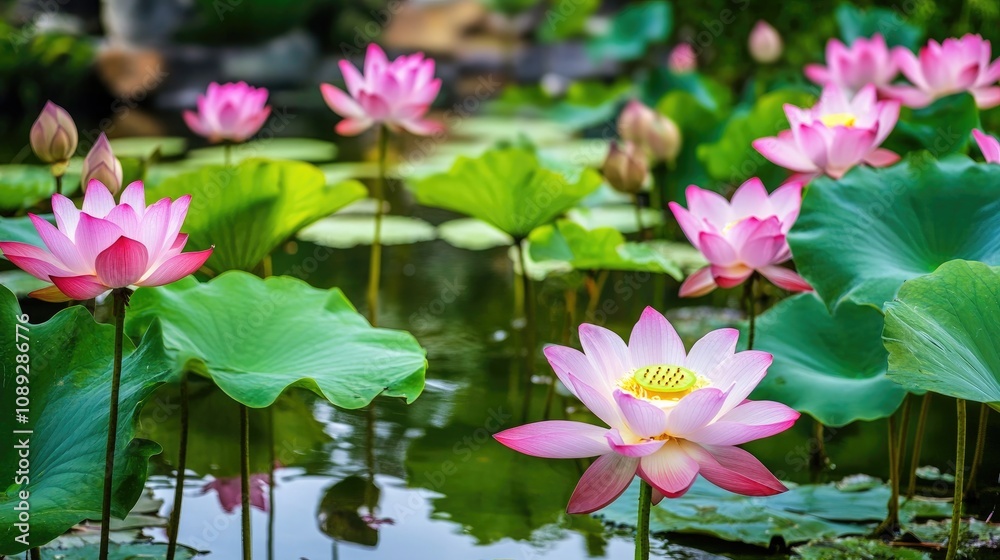 Lush Lotus Pond Featuring Vibrant Pink Flowers and Rich Green Leaves Amidst a Tranquil Natural Setting Lush Lotus Pond Featuring Vibrant Pink Flowers and Rich Green Leaves Amidst a Tranquil Natural Setting