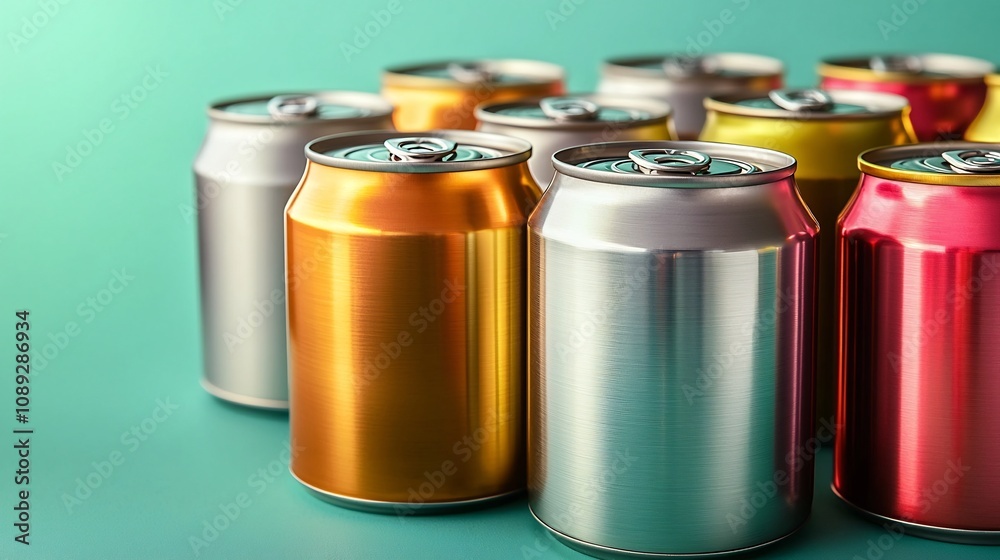 Assorted Metallic Pull-Tab Cans on Mint Green Tabletop with Selective Focus Assorted Metallic Pull-Tab Cans on Mint Green Tabletop with Selective Focus