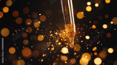 Pipette releasing a shimmering drop of cosmetic serum enriched with glimmering gold particles against a dark backdrop filled with golden bokeh.