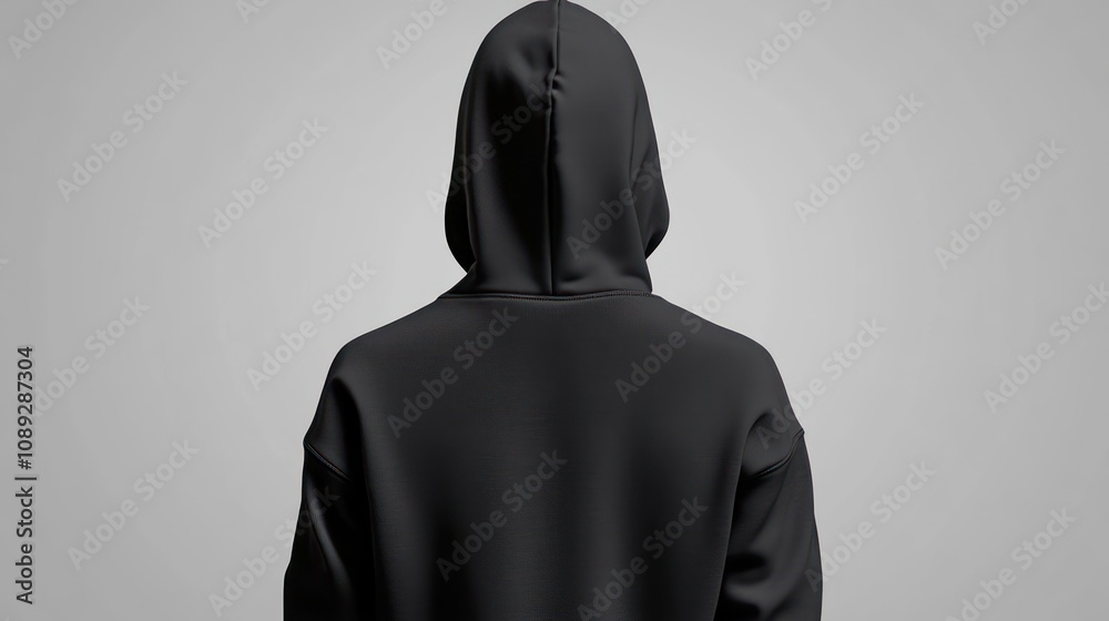 A black hoodie viewed from the back against a plain background. A black hoodie viewed from the back against a plain background.