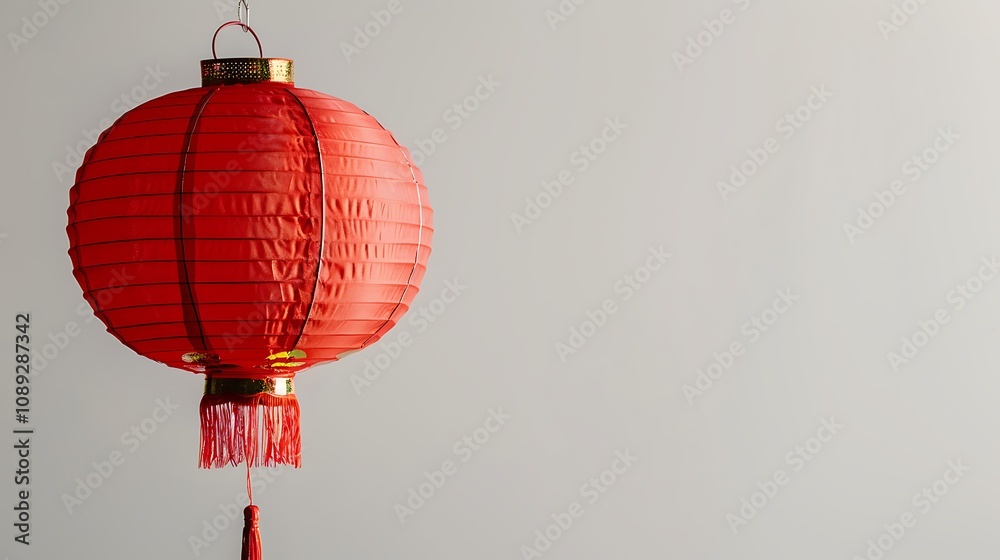Obraz premium A vibrant red lantern with intricate details, symbolizing celebration and culture, hanging against a plain background.