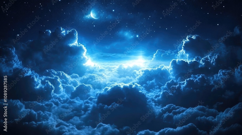 Serene night sky illuminated by ethereal clouds and twinkling stars in varying shades of blue, creating a dreamy celestial atmosphere. Serene night sky illuminated by ethereal clouds and twinkling stars in varying shades of blue, creating a dreamy celestial atmosphere.