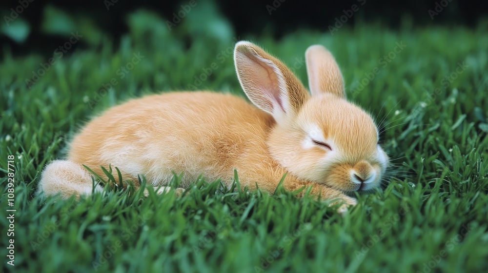 Small fluffy rabbit napping peacefully on lush green grass with its eyes closed, showcasing soft fur and adorable features. Small fluffy rabbit napping peacefully on lush green grass with its eyes closed, showcasing soft fur and adorable features.