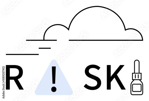 Cloud, exclamation mark, bottle spelling RISK in black and blue colors. Ideal for cybersecurity, data protection, risk management, online threats, IT security, safety warnings cautionary messages