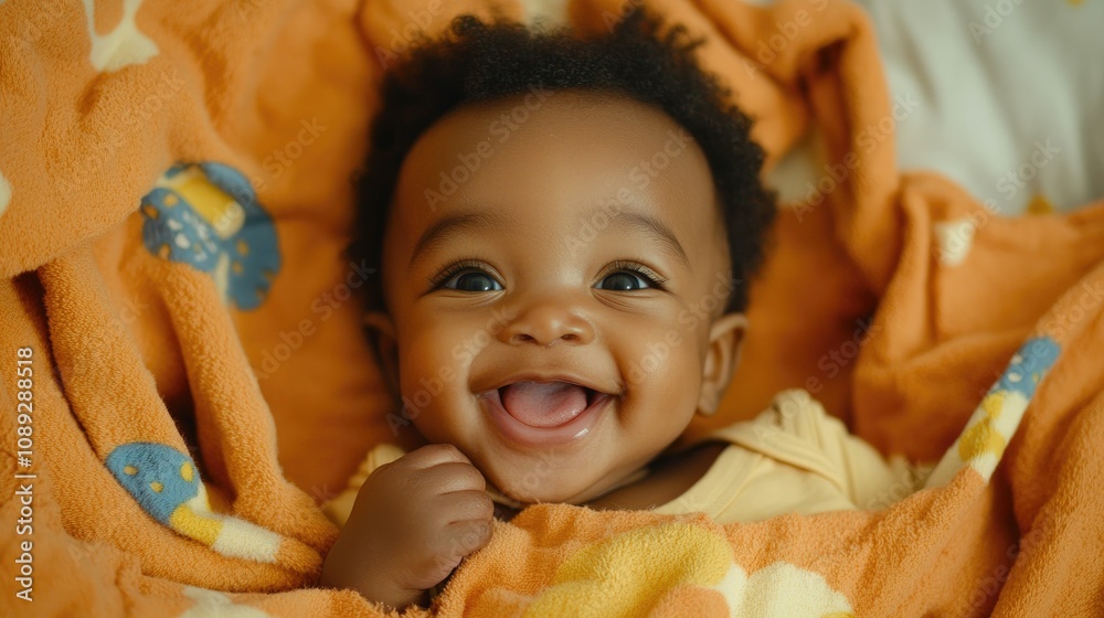 Infant smiling and playing with a soft orange blanket, showcasing a joyful expression while lying down, surrounded by playful textures. Infant smiling and playing with a soft orange blanket, showcasing a joyful expression while lying down, surrounded by playful textures.