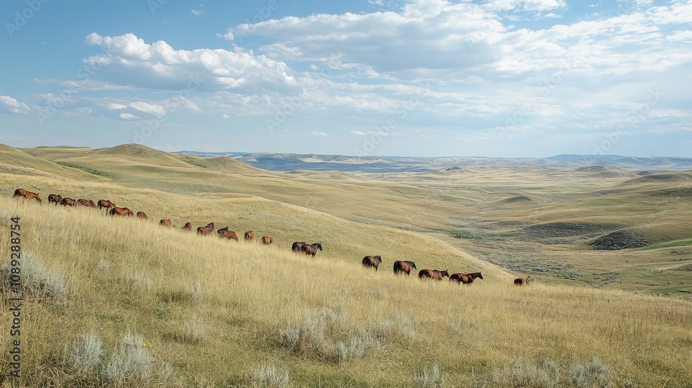 Fototapeta premium Wild horses graze on a vast, rolling prairie under a partly cloudy sky.