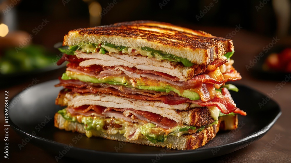 A delicious, toasted club sandwich with turkey, bacon, avocado and lettuce, on a black plate. A delicious, toasted club sandwich with turkey, bacon, avocado and lettuce, on a black plate.