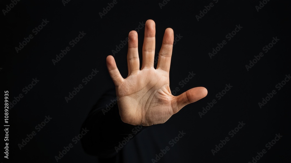 hand raised against dark background, symbolizing stop or halt gesture, conveying message of resistance or refusal. image emphasizes importance of boundaries and personal space hand raised against dark background, symbolizing stop or halt gesture, conveying message of resistance or refusal. image emphasizes importance of boundaries and personal space
