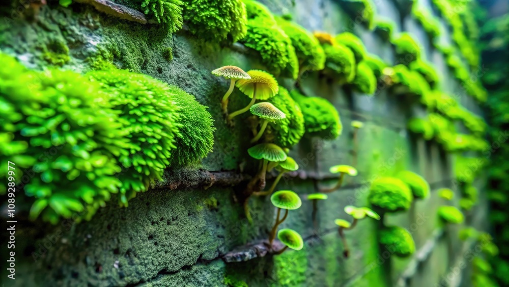 A lush green mossy wall adorned with delicate mushrooms, showcasing nature's intricate beauty and contrasting textures. A lush green mossy wall adorned with delicate mushrooms, showcasing nature's intricate beauty and contrasting textures.