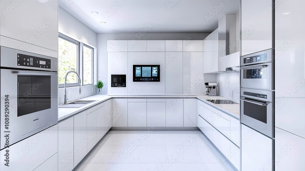 Minimalist kitchen design with smart home integration modern home interior bright space sleek concept Minimalist kitchen design with smart home integration modern home interior bright space sleek concept