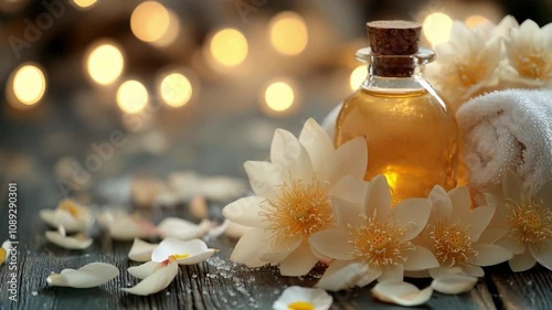 aromatherapy oil  and flowers for spa treatment - - blurred background