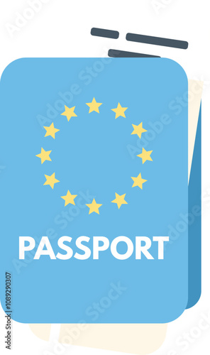 Stylized illustration featuring a blue european union passport, symbolizing travel, citizenship, and international mobility