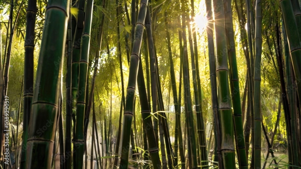 Fototapeta premium Sunlight streaming through a dense bamboo grove