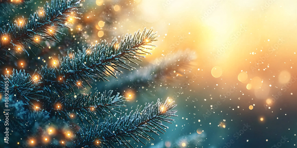 custom made wallpaper toronto digitalClose-up of Christmas tree branches adorned with lights and snowflakes, ideal for holiday cards, invitations, and festive designs for Christmas and New Year.