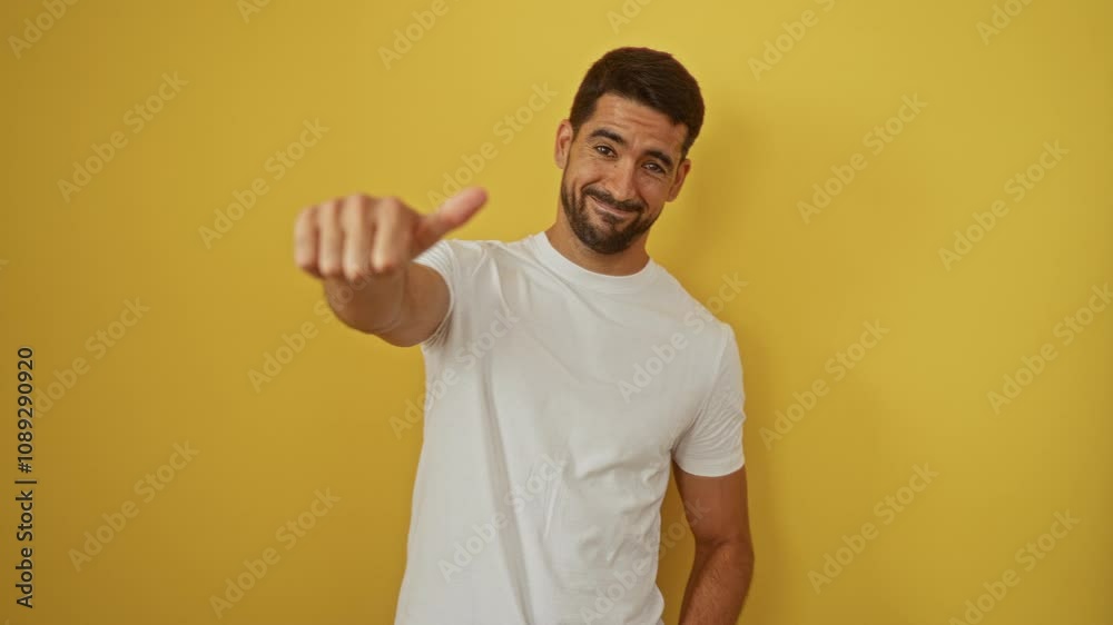 Young man with beard gestures thumbs up against a vibrant yellow wall, exuding confidence and positivity.