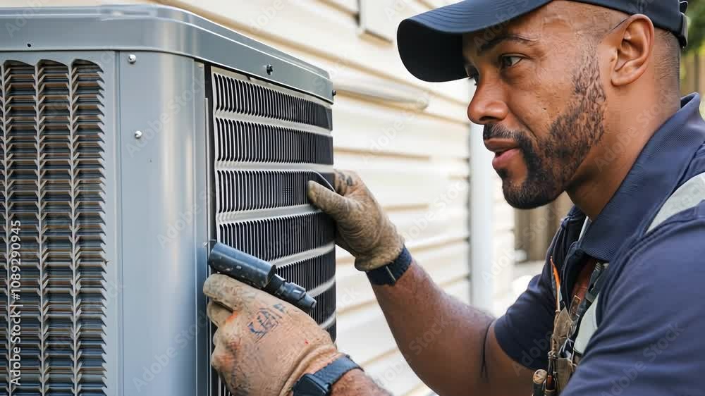 Technician performs maintenance on outdoor cooling unit in residential area during sunny afternoon