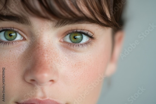 closeup portrait of a person with striking green eyes and natural beauty