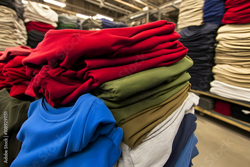 Stacks of folded t-shirts in various colors neatly arranged in a warehouse.  Perfect for retail, fashion, or manufacturing concepts. photo