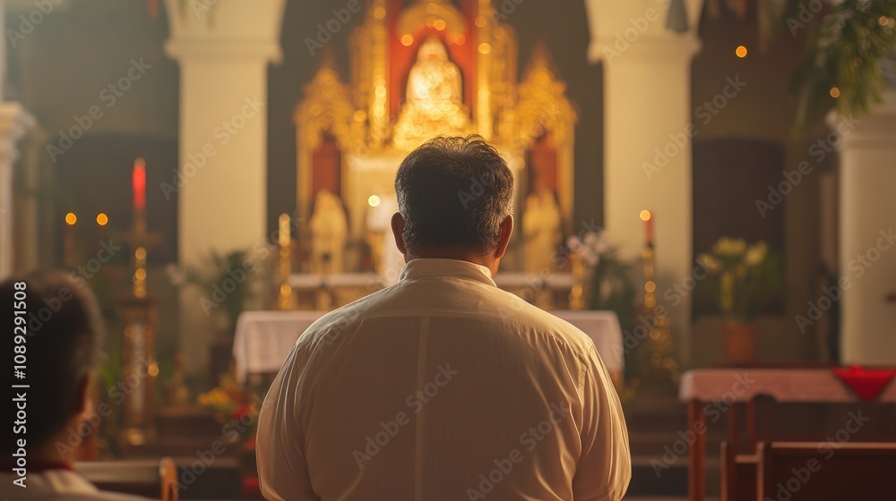 Priest in a white shirt praying reverently within a church, viewed from the back, offering blessings before an ornate altar bathed in warm light.