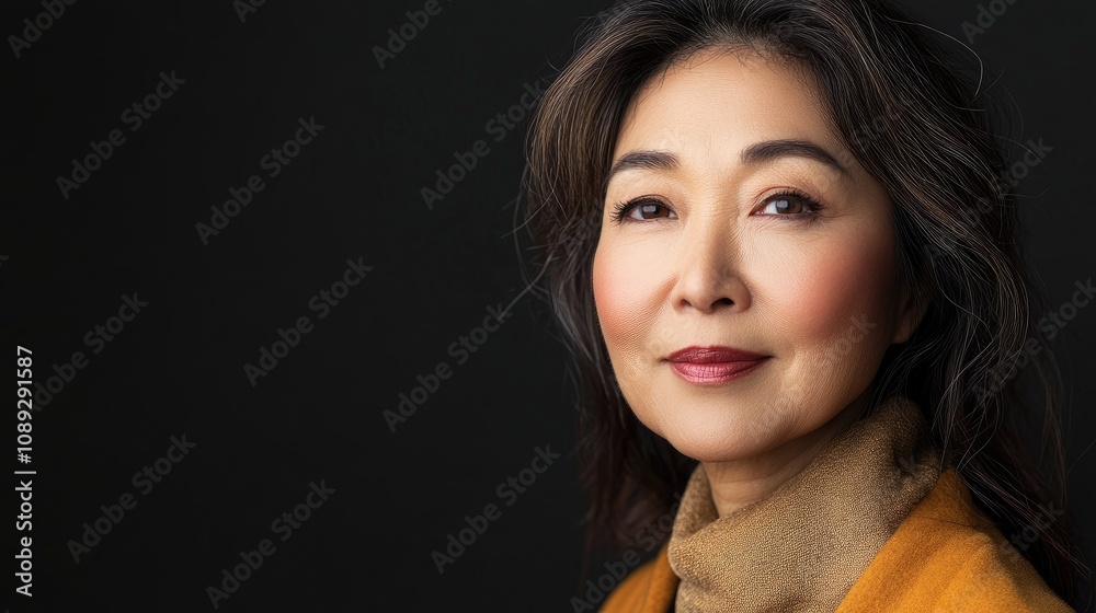 Elegant portrait of a graceful middle-aged woman with radiant skin and soft features, wearing a warm sweater against a dark background. Elegant portrait of a graceful middle-aged woman with radiant skin and soft features, wearing a warm sweater against a dark background.