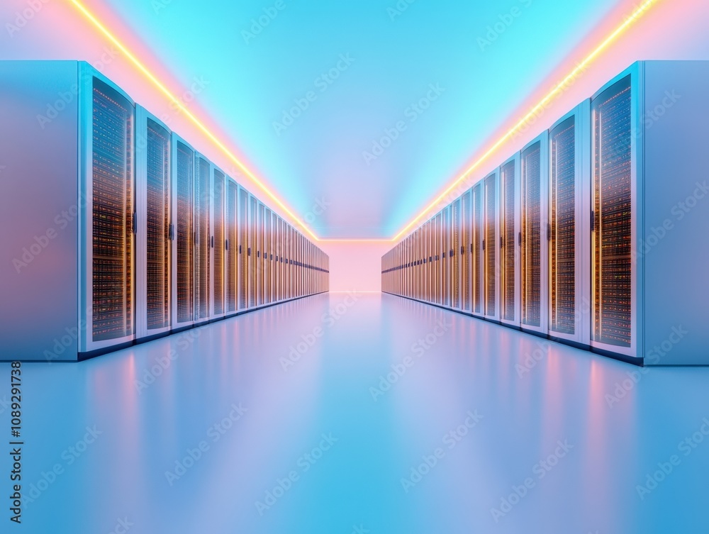 modern data center with illuminated server racks and a futuristic design modern data center with illuminated server racks and a futuristic design