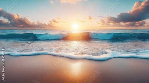 Tropical beach at sunset with vibrant sun reflecting on turquoise waves, soft clouds in a blue sky, and clear sand creating a tranquil natural scene