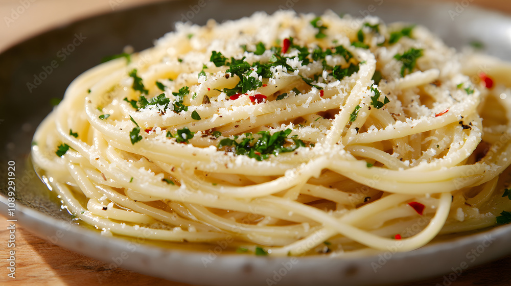 A Close-Up of Exquisite Spaghetti Aglio e Olio Captured in Bright Natural Light with Olive Oil and Grated Parmesan A Close-Up of Exquisite Spaghetti Aglio e Olio Captured in Bright Natural Light with Olive Oil and Grated Parmesan