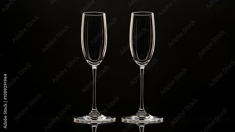 Elegant champagne flutes ready for celebration against a sleek black background, reflecting light with a sparkling finish. Perfect for toasting special moments. Elegant champagne flutes ready for celebration against a sleek black background, reflecting light with a sparkling finish. Perfect for toasting special moments.