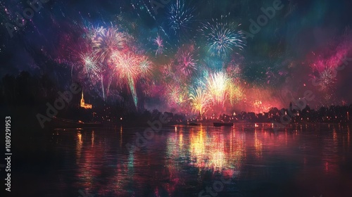 Colorful fireworks explode in a night sky, casting brilliant reflections on the water's surface and lighting up the city skyline in a dazzling display.