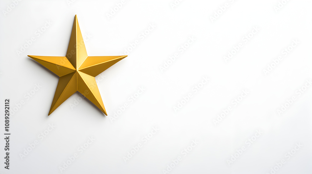 Obraz premium A shiny gold star ornament, placed on a solid white background, symbolizing the star of Bethlehem. A gold star ornament on a white surface.