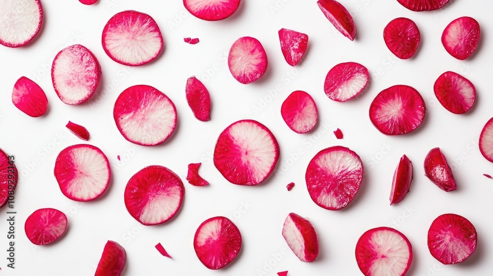 Scattered slices of vibrant red radish creating a colorful pattern against a clean white background, showcasing their crisp texture and fresh appeal. Scattered slices of vibrant red radish creating a colorful pattern against a clean white background, showcasing their crisp texture and fresh appeal.
