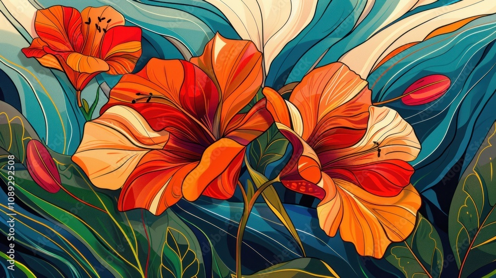 Vibrant orange flowers with teal leaves.