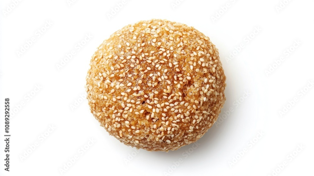 Sesame seed hamburger bun topped with golden sesame seeds, viewed from above against a clean white background, showcasing its round shape and texture. Sesame seed hamburger bun topped with golden sesame seeds, viewed from above against a clean white background, showcasing its round shape and texture.