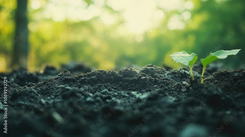 Nurturing soil supporting delicate green sprouts with a soft-focus forest backdrop, emphasizing growth and the beauty of nature. Nurturing soil supporting delicate green sprouts with a soft-focus forest backdrop, emphasizing growth and the beauty of nature.