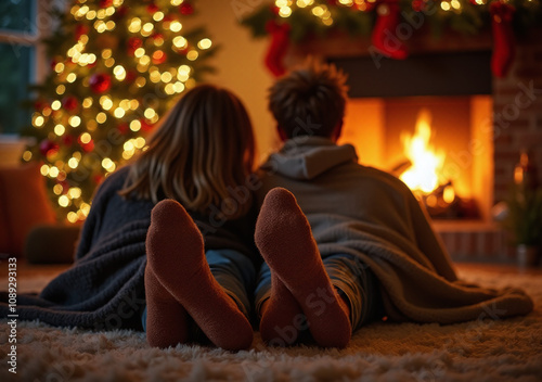 couple sits fireplace legs warm socks cozy christmas home atmosphere surrounds intimately together