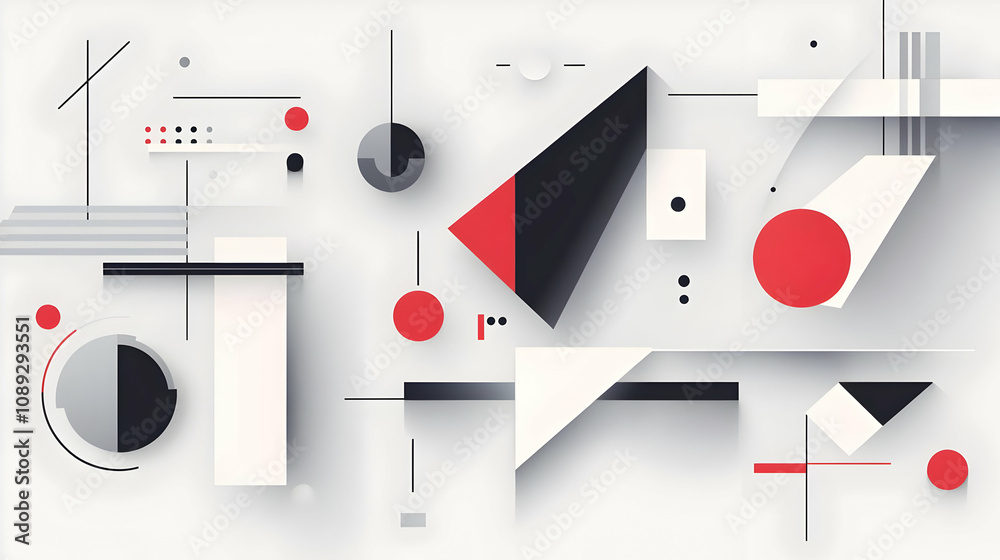 Abstract geometric art with red, black, and gray shapes on a white background. Abstract geometric art with red, black, and gray shapes on a white background.