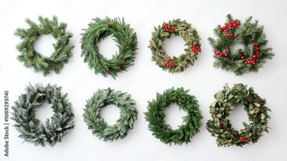 Collection of eight handcrafted Christmas wreaths featuring various greenery and decorative accents displayed on a clean white backdrop