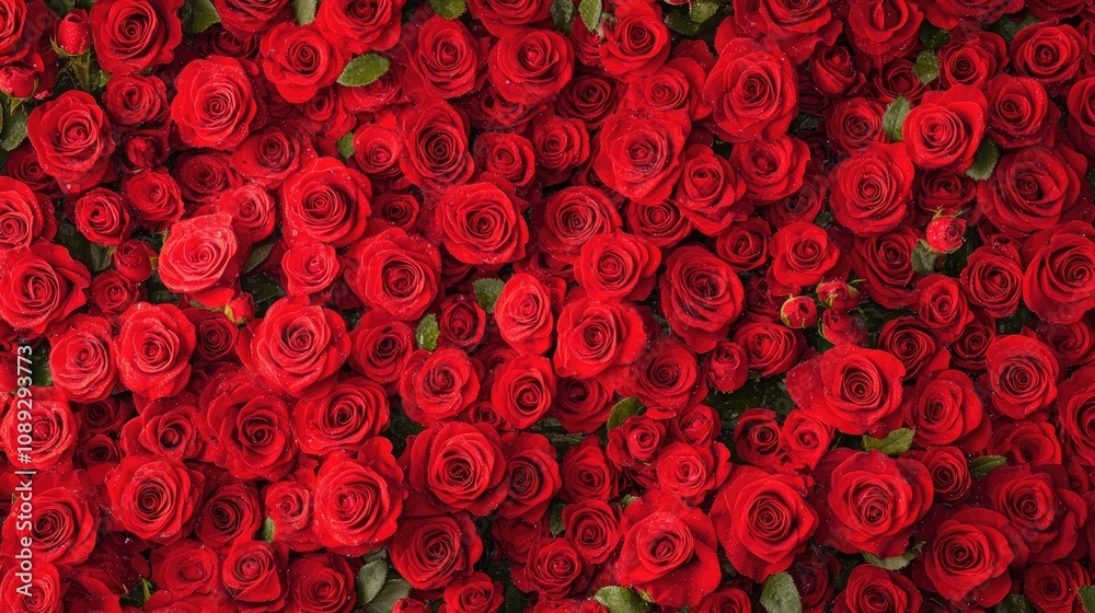 Lush red roses densely arranged with vibrant green leaves, creating a romantic and visually stunning backdrop perfect for love themes and banners. Lush red roses densely arranged with vibrant green leaves, creating a romantic and visually stunning backdrop perfect for love themes and banners.