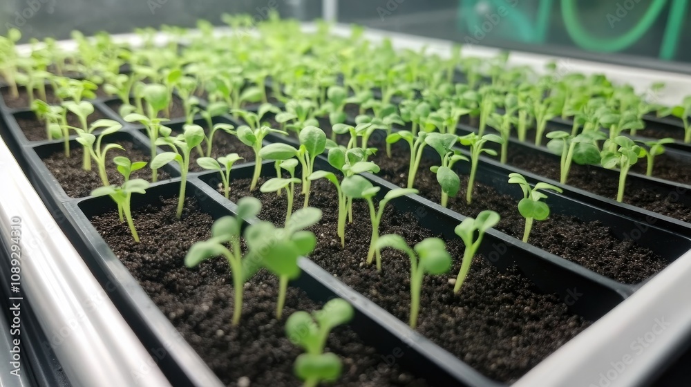 Seedlings thriving in black trays filled with rich soil, showcasing vibrant green leaves and the nurturing process of plant growth. Seedlings thriving in black trays filled with rich soil, showcasing vibrant green leaves and the nurturing process of plant growth.