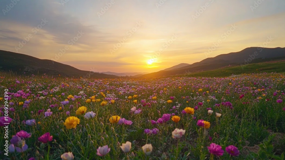 Fototapeta premium Serene Sunset Over Vibrant Flower Field with Hills and Soft Sky Colors